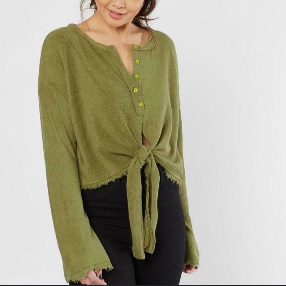 Free People Green Button-Down Tie-Front Top